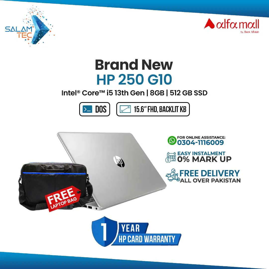 HP 250 G10 Core i5 13th Gen Brand New Laptop With Free Laptop Bag and 1 Year HP Card Warranty With Easy Monthly Installments by SalamTec